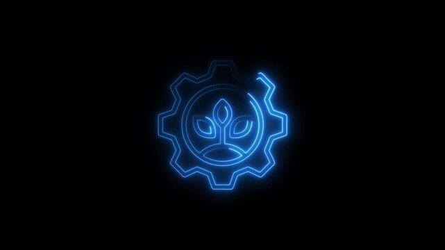 Blue neon gear with plant sprout inside on black background cogwheel leaf