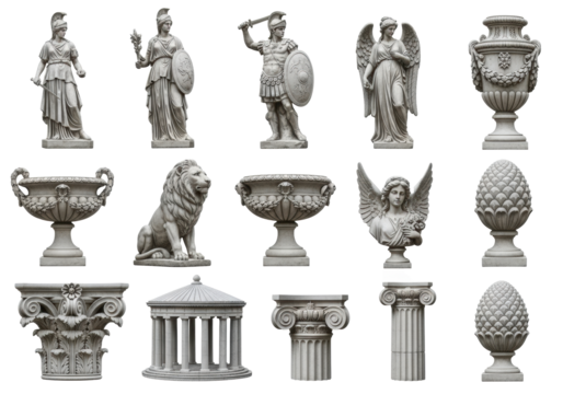 Isolated weathered transparent stone ancient greek & roman sculptures, architectural elements, lion, urn, temple on white background. Serene grandeur of classical antiquity