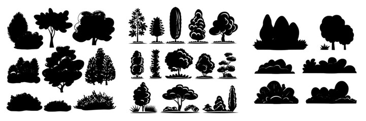 Cartoon green bushes and decorative hedge plants are featured in this modern set of isolated, flat foliage for forest, park, and garden landscaping elements
