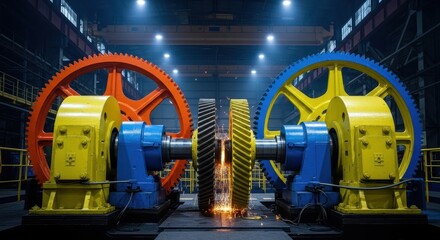Gear wheels in a machine creating sparks during industrial manufacturing