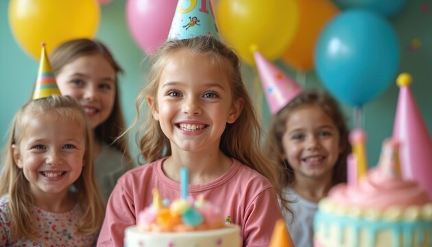 Group of happy kids celebrate birthday. Smiling girls with party hats look at birthday cake. Balloons decorate party room. Children have fun during birthday celebration