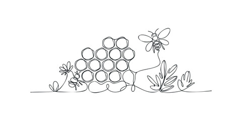 Minimalist single line drawing of bee and honeycomb