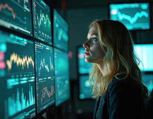 Young woman looks at computer screens in a dark room. She focuses on info charts. Female analyst works in tech office. Data streams, info, business and finance.