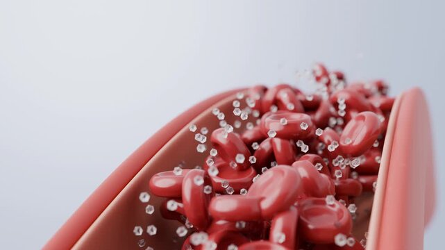 Diabetes medical background illustrating glucose sugar molecules and red blood cells in a bloodstream 3d render