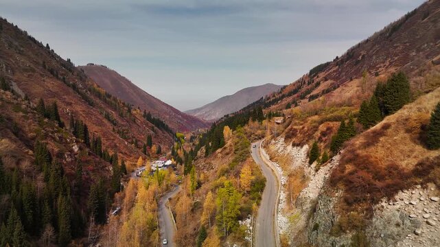 Aerial view panorama of yellow autumn forest in Almaty