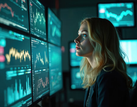 Young woman looks at computer screens in a dark room. She focuses on info charts. Female analyst works in tech office. Data streams, info, business and finance.