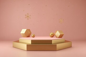A glamorous scene of a hexagonal display with golden geometric shapes, snowflakes, and ornaments