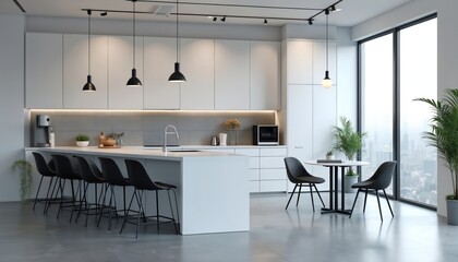 Modern office break room with sleek white cabinets, large island with bar stools. Round table with chairs sits near big window overlooking city skyline. Plants add touch of nature to clean,