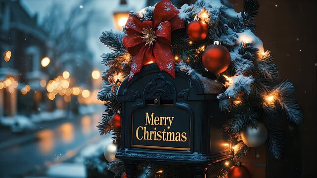 Festive Christmas mailbox with glowing garlands and a red card inside. Snow sparkles on the ground, soft light reflects on the decorations, camera slowly moves right showing holiday details