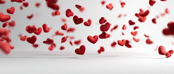 Scattered red heart shapes falling down on a white background, creating a feeling of love and affection