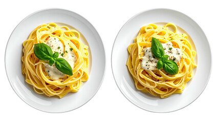 Two pasta dishes topped with sauce and basil on white plates