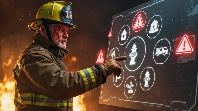 Firefighter man interacting with virtual display to highlight fire safety and emergency warning symbols in a dangerous situation footage