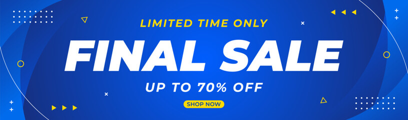 Final Sale vector banner with blue gradient background and geometric shapes, up to 70% off, modern template design for sales promotion, marketing ads, e-commerce, events, web, and headers