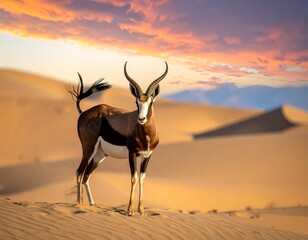 Gazelle amidst sand dunes under a vibrant sunset sky