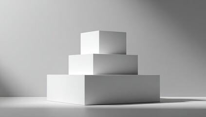 A three-tiered geometric display, rendered in white, under soft studio lighting