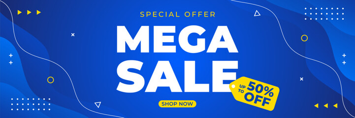 Mega Sale vector banner, Abstract blue wave background with geometric shapes, up to 50% off, modern template design for sales promotion, marketing ads, e-commerce, events, web, and headers