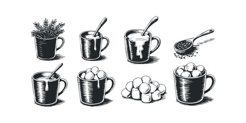 Set of Hand Drawn Mugs With Beverages and Marshmallows