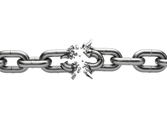 Heavy gauge polished silver-gray industrial chain, central link shattering into sharp jagged fragments mid-air, remaining links extending, on a transparent background with copy space. Concept of