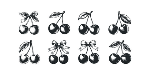 Collection of Hand-Drawn Cherries with Leaves and Bows