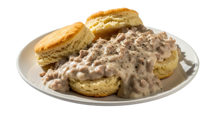 Golden Brown Biscuits Smothered in Creamy Sausage Gravy with Cracked Black Pepper Sprinkled isolated on transparent background