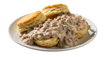 Golden Brown Biscuits Smothered in Creamy Sausage Gravy with Cracked Black Pepper Sprinkled isolated on transparent background