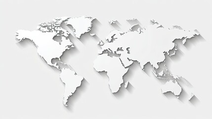 3D White Map of the World with Shadow Effects Highlighting Geographic Regions on Simple Background