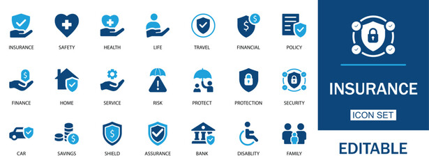 Insurance icon set with clean, editable vector symbols for health, life, auto, home and travel coverage safety and risk management, policy. Ideal for insurers, brokers and financial advisors.