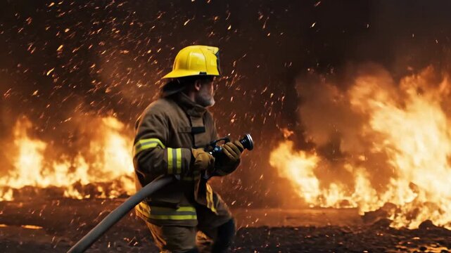 Fireman using holographic interface for firefighting and spraying water on burning ground, digital fire suppression concept, footage