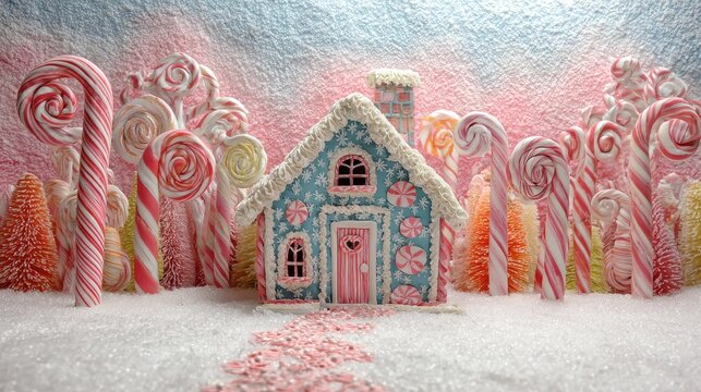 A vibrant candy house sits amidst swirls of peppermint trees and colorful candy landscapes. The scene is set during a magical sunset, creating a dreamy atmosphere.