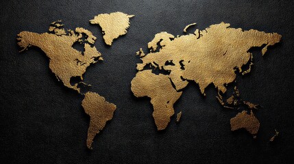 Artistic World Map in Gold Texture on Black Background, Elegant Design for Sophisticated Decor and Travel Projects