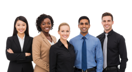Five diverse business professionals in formal attire smiling, posing on a transparent studio background with copy space, concept of corporate team unity
