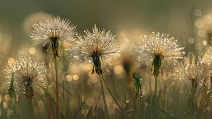 Dew-kissed Dandelion Blossoms with Soft Focus in a Serene Nature Setting at Dawn