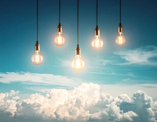 Glowing Edison-style bulbs dangle from above the clouds in sky