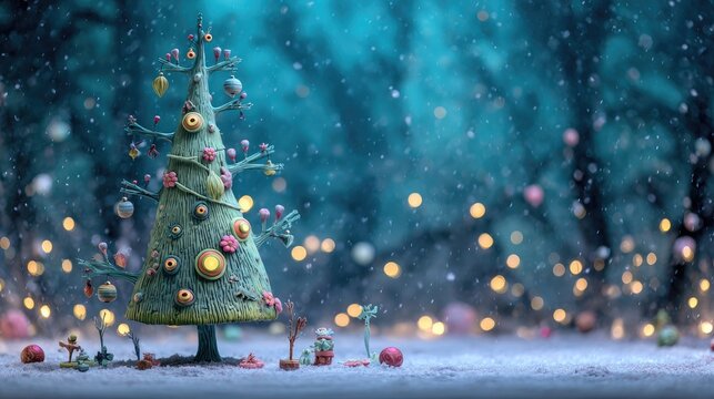 A beautifully adorned Christmas tree stands in a quiet forest, illuminated by soft lights. Snowflakes fall from the evening sky, creating a magical winter scene filled with charm.