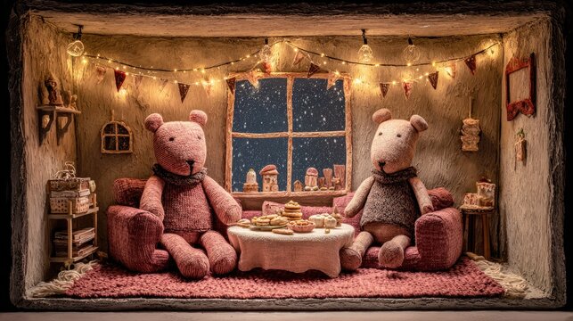 Two teddy bears are seated comfortably in a warmly lit room. A small table between them holds treats, while festive lights create a cheerful atmosphere during winter.