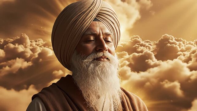 A serene portrait of a wise sikh man with a turban, set against a backdrop of golden clouds and soft, diffused light guru nanak jayanti