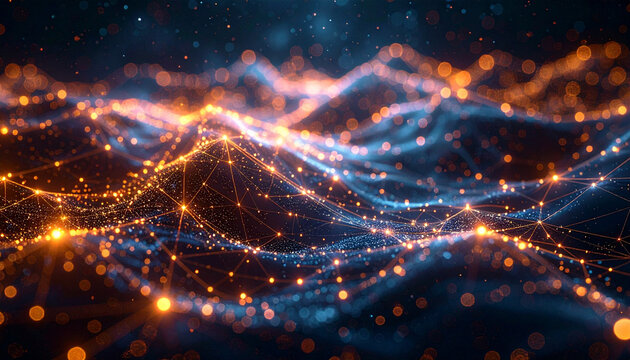 Dynamic digital network with glowing connections and bokeh lights creates a futuristic abstract data stream visualization