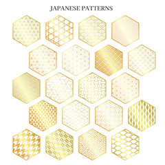 ゴールドの六角形のフレームの和柄模様セット
