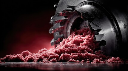 Industrial metal tool with pink cotton candy texture showcasing unique contrast and creative photography in a dark setting