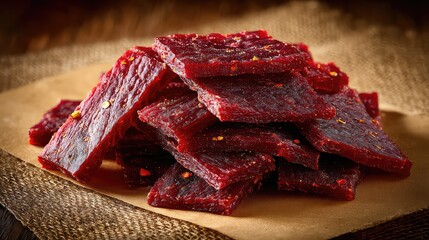 Deliciously Spicy Jerky Pieces Stacked Neatly on Brown Paper in Rustic Setting
