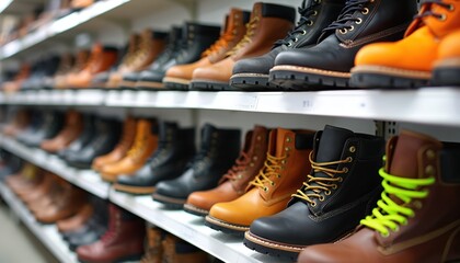 Rows of durable work boots displayed on shelves inside a retail store. Collection of footwear in various colors and styles. Shopping scene showcases variety for customers