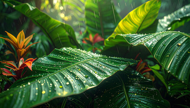 Lush tropical rainforest leaves glistening with fresh rain droplets, showcasing vibrant green foliage and colorful exotic flowers in a humid, natural environment. - Powered by Adobe