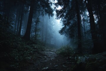 Fototapeta premium Dark fog envelops a dense forest revealing a winding path illuminated by subtle light at dawn