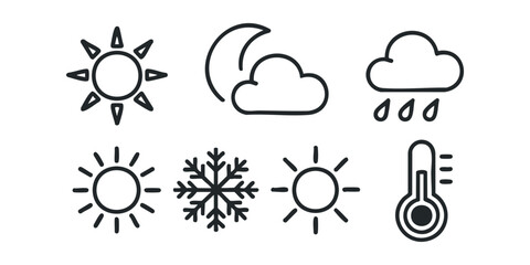 Set of weather icons including sun, moon, rain, snowflake, and thermometer