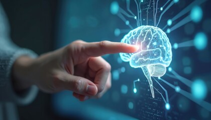 Hand touches digital brain interface with neural network. Concept of artificial intelligence machine learning. Futuristic tech illustration with complex system analysis. Innovation in science.