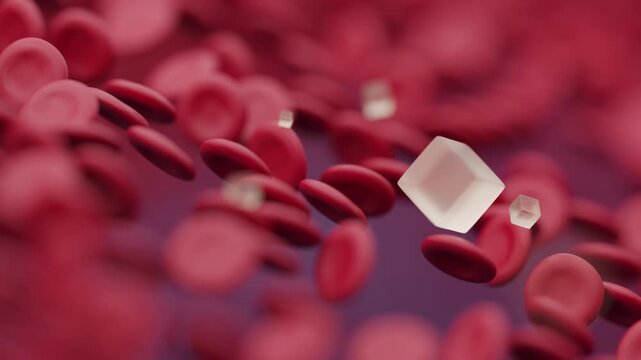 Hyperglycemia with high blood sugar levels of glucose flowing slowly in a blood vessel with red blood cells 3D animation