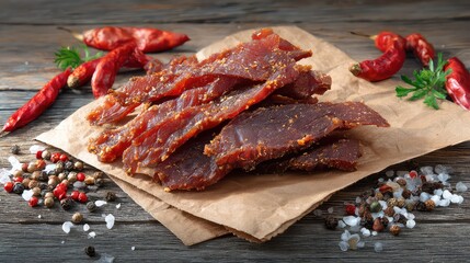 Deliciously Spiced Beef Jerky on Rustic Wood with Red Chili Peppers and Mixed Spices