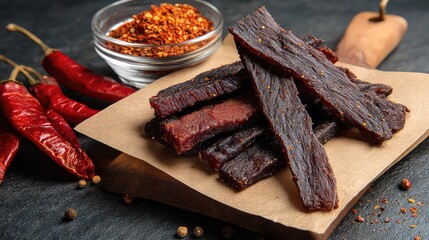 Mouthwatering Beef Jerky with Chili Flakes and Dried Peppers on a Rustic Wooden Board