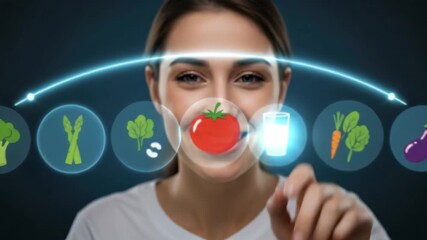 Woman interacting with food-themed virtual reality interface for healthy eating and nutrition concept footage - Powered by Adobe