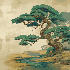 Japanese painting-style background. Illustration of an old pine tree and a stream.